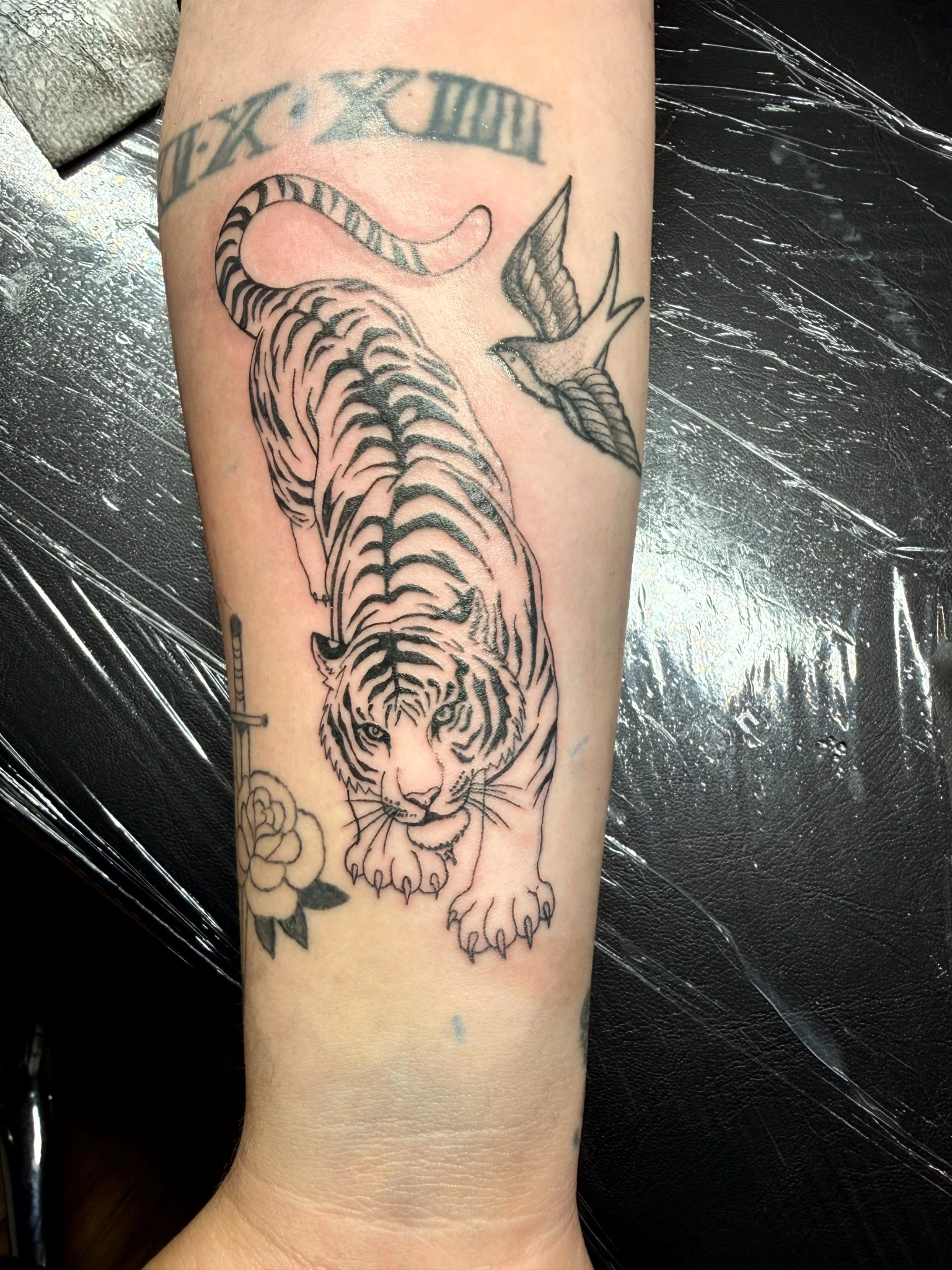 Fine line tiger tattoo